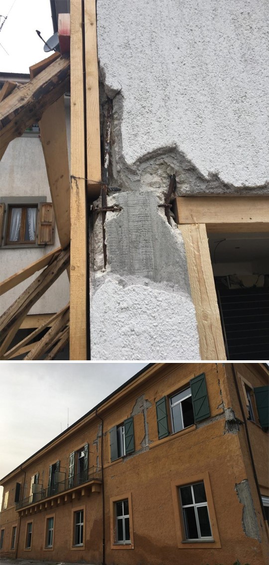 Photo 29a,b: Examples of node failures due to non-pulling details in skeletal residential buildings in Amtrich. In the lower picture, greater damage in the long direction: east-west, 26/10/16 Photo: Yaron Ofir