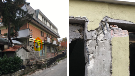 Photo 30a,b: Junction failure due to insufficiently dense hoops for shearing in the column, in a residential building in Shlod in Amtrich, 26/10/16 Photo: Yaron Ofir