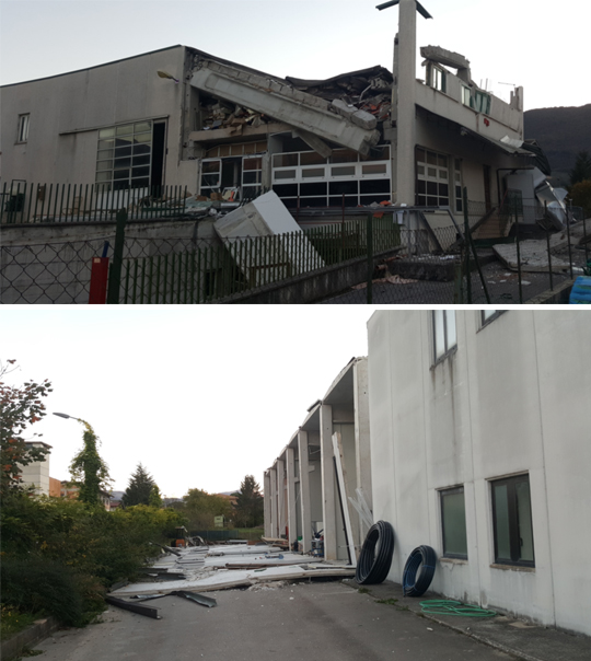 Photo 36: Failures in prefab buildings: prefab beams and the roof dropping (above), prefab front panels dropping (below) 01/11/16 Photo: Alex Shohat