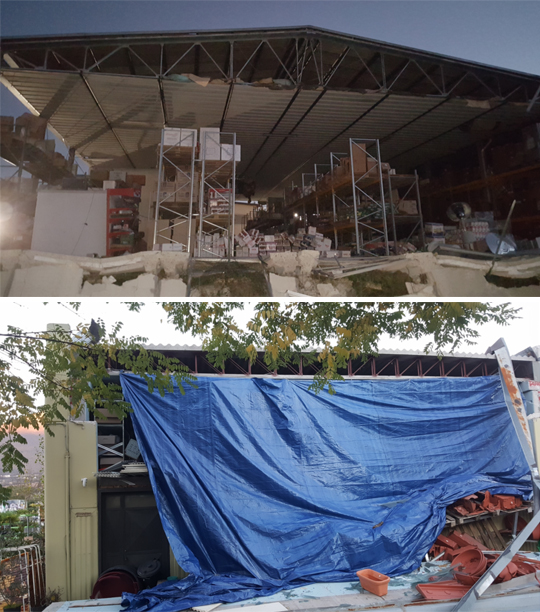 Photo 39: Failures in industrial storage buildings with a light roof made of steel trusses. (above) Structural damage to the exterior panels and heavy damage to the equipment on the shelves. (Below) Cover affected area Capricorn to keep goods inside. 01/11/16 Photo: Alex Shohat